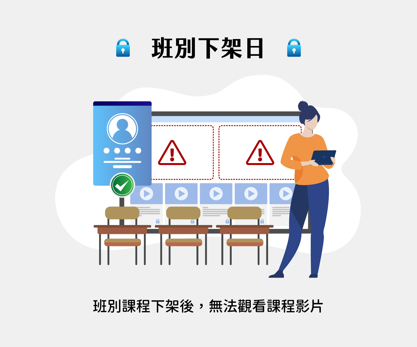 本平台支持班别下架日设置，当课程班别下架後，学员将无法再观看该班别的课程影片，有效控管课程存取权限，协助管理者依课程计画弹性调整影片上架与下架时程，保障课程内容安全并提升管理效率，适合教育机构及线上教学平台灵活控管学员学习权限，避免课程资源遭未授权存取，提升整体运作效益。