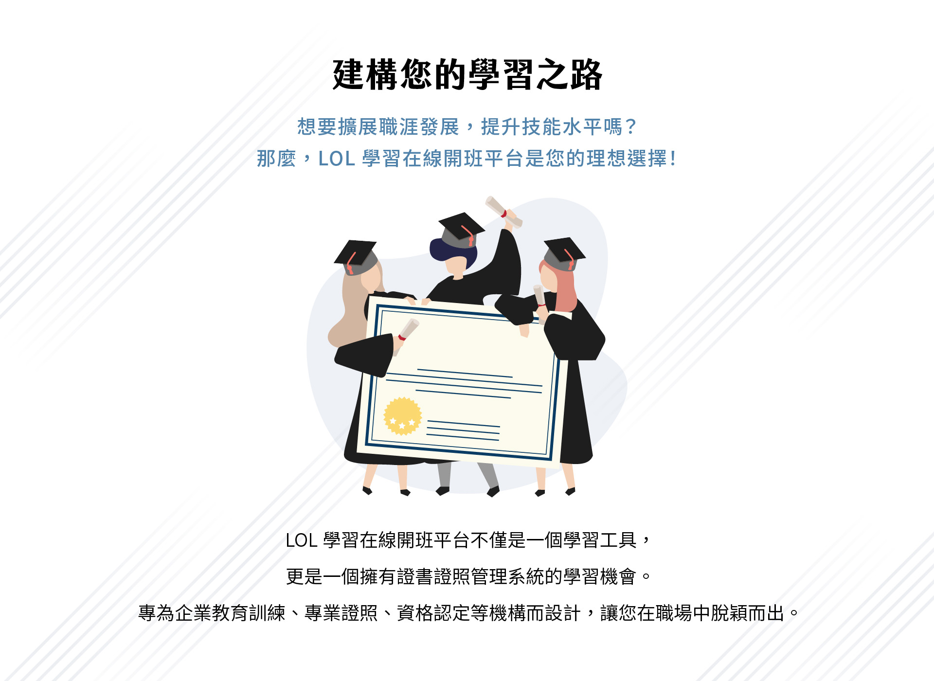 插画呈现三位戴着学士帽的学员手持大型证书庆祝，象征完成课程与取得认证；搭配标题「建构您的学习之路」，说明 LOL 学习在线开班平台结合证书证照管理功能，适用于企业教育训练、专业证照与资格认定机构，协助学习者提升技能与扩展职涯发展。